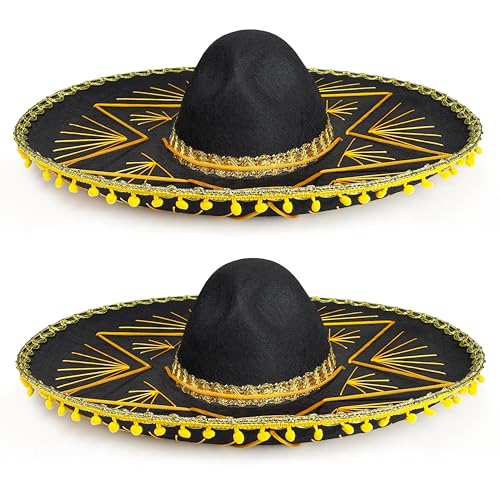 GiftExpress 2PC Adult Black Sombrero Hat 21-Inch Wide Mariachi-Style Costume Sombrero with Gold Braid Trim Polyester One Size Fits Most