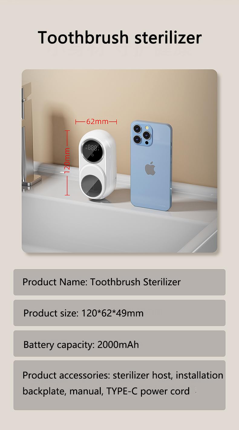 UV-Sterilisator Zahnbürstenhalter, 99,9 % Desinfektion und Trocknung, 2000 mAh, lange Lebensdauer, Infrarot-Sensor, elektrischer Zahnbürstenhalter mit TYPE-C, ohne Perforationen, 2 Personen