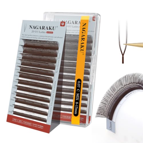 NAGARAKU 2D UU Cils Double Pointe Parallèles Volume Eyelash Compacts Légers Naturel Fin Duveteux Flexibles En Éventail Chaque Cil Est Bien Distinct Sur Les Yeux Lash Brun Foncé (0,07 C 8-15mm)