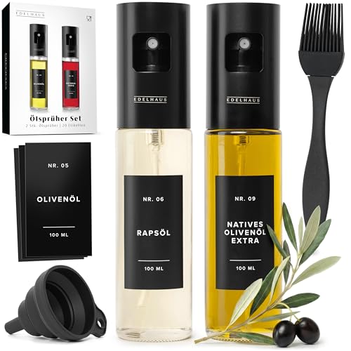 EDELHAUS Ölsprüher 2er Set - Hochwertige Öl-Sprühflasche aus Edelstahl & Glas für gesundes Kochen I Sprüher für präzise Dosierung I für Speiseöl & Essig inkl. 20 Ettiketen Trichter Silikonpinsel