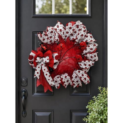 17" Ladybug Wreath for Front Door, Red Black Polka Dot