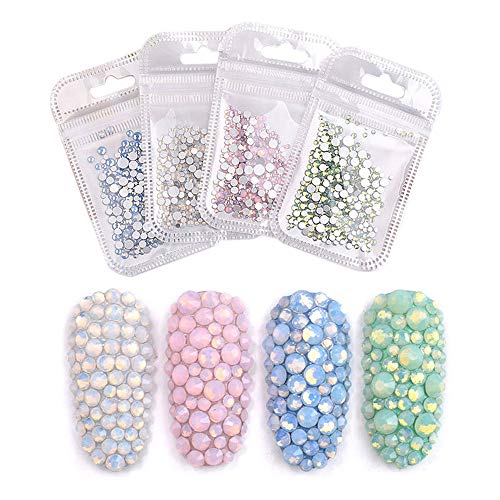 ORYOUGO 4 Packs Opal Jelly Nail Art Rhinestones Flatback Round Beads Glitter Crystals Mix Size Nail Charms