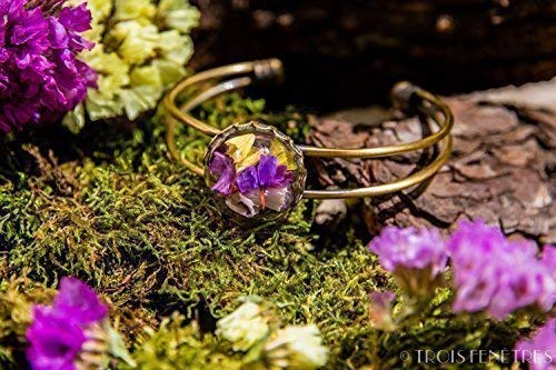 Bracelet en métal et en verre - Fleurs colorées naturelles et séchées de lavande de mer - 20mm - Cadeau de Saint Valentin