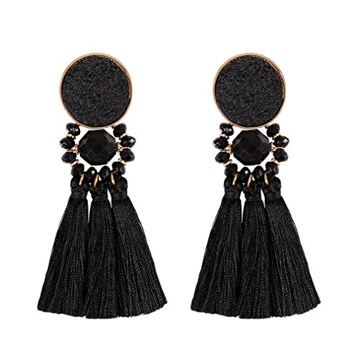 Boderier Bohemian Statement Thread Tassel Chandelier Drop Dangle Earrings with Cassandra Button Stud (Black)