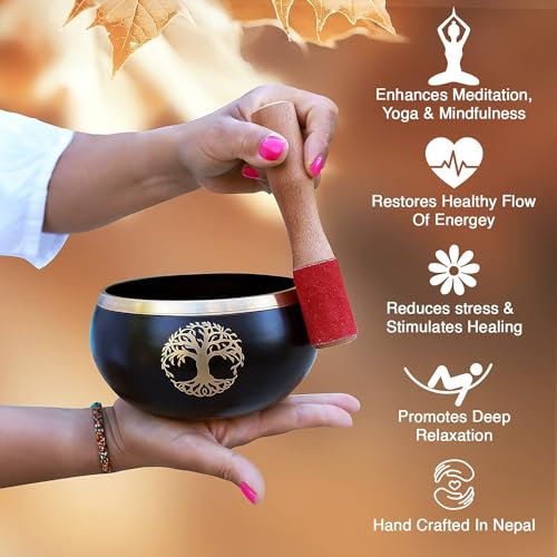Image of The Healing Store 4 inch Singing Bowl | Tibetan Prayer Instrument With Wooden Stick | Meditation Bowl | Music Therapy | Buddhist Prayer Instruments (BLACK TREE)