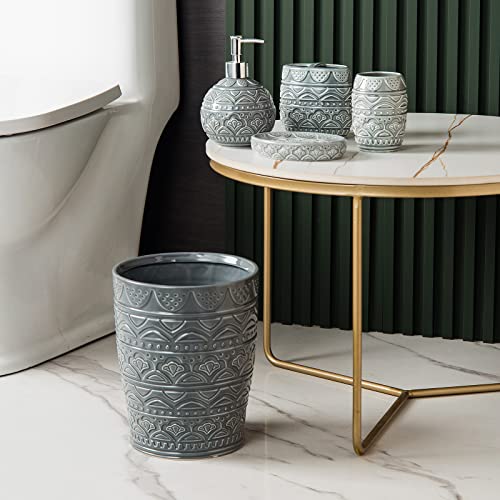 Image of Round Ceramic Small Trash Can Wastebasket, Garbage Container Bin for Bathrooms, Powder Rooms, Kitchens, Home Offices - Durable - Grey