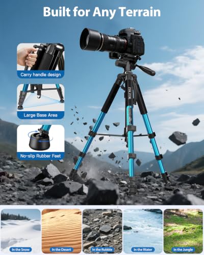 Image of 75 inch Heavy Duty Camera Tripod Stand - Max Load 15LB, Aluminum Travel Tripod for DSLR /Phone /Tablet /Projector, 3-Way Pan Head & Quick Release Plate, Compact Foldable Design (Blue)