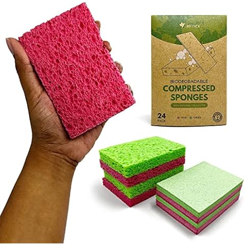 AIRNEX Biodegradable Cellulose Compressed Sponges - Pack of 24 Kitchen Sponges for Cleaning - Heavy Duty and Natural Multipurpose Household Cleaning Sponges Good for Kitchen, Bathroom, and Surfaces Cover