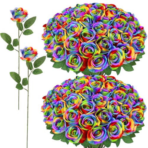 Ovveroche 72 Pcs Artificial Roses Rainbow Fake Silk Roses Realistic Roses Faux Flower Indoor Wedding Home Decor Birthday Decorations