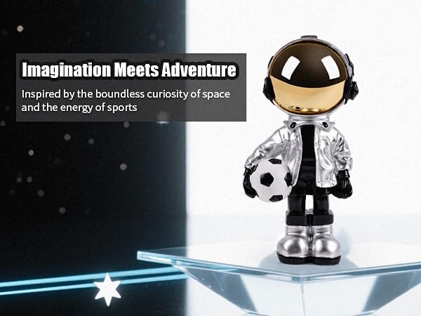 Estatua decorativa astronauta con balón de fútbol plateada miniatura 6