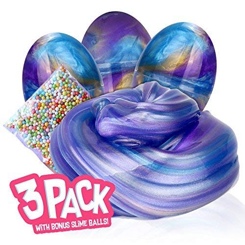 SLIME TIME Fluffy Slime Soft Colorful Egg Purple Glitter with Mix-in Beads (3 Pack)