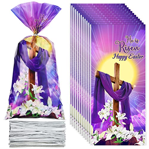 Frienda 100 Pcs Easter Cellophane Bags He is Risen Spring Easter Gift Treat Bag Goodie Candy Bags with Ties Easter Cross Religious Decorations Birthday Party Decorations Supplies