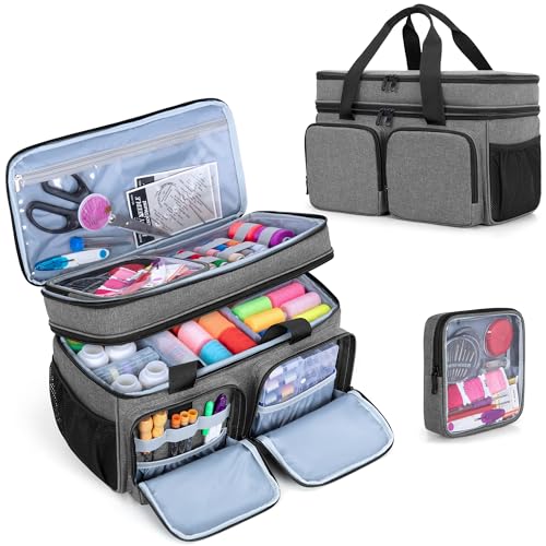 BAFASO Sac pour Kit de Couture Grande, Organisateur pour Accessoire Couture avec 1 Pochette et des Séparateurs Amovibles, Boite a Couture Double Couche (Aucun...