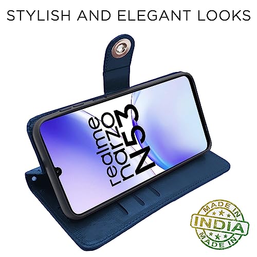 Image of Pikkme Realme Narzo N53 Flip Cover Leather Finish | Inside TPU with Card Pockets | Wallet Stand and Shock Proof | Complete Protection Button Flip Case (Blue)