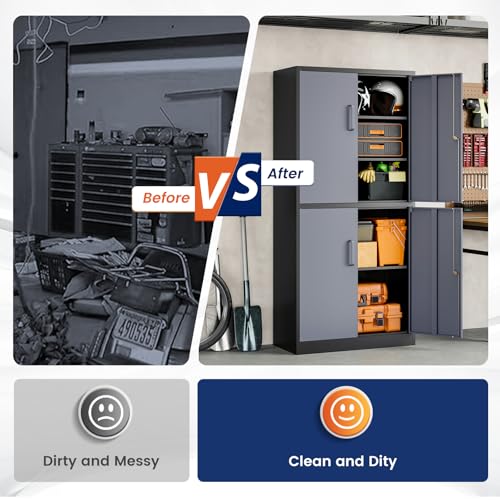 Image of Yizosh Metal Storage Locking Cabinet with 4 Doors and 2 Adjustable Shelves,71 inch Lockable Garage Tall Steel Cabinet,for Home Office,Living Room,Pantry,Gym,Commercial Storage (Gray Black)