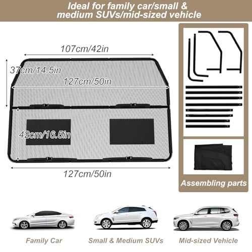 Hundegitter Auto, 127cm Breit Kofferraum Trenngitter für Rücksitz & Laderaum, Hundenetz Auto, Universal Kofferraum Trenngitter für Hunde, Metallrahmen, mit Durchsichtigem Maschennetz für LKW, SUV