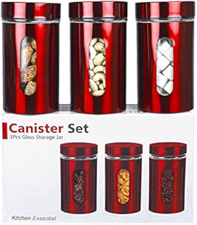 3Pcs Glass Storage Jars (800ml) with Stainless Steel Coating, Canister Set for Chai/Sugar/Coffee (Red)