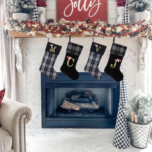19-inch-Black-Plaid-Christmas-StockingsInitial-Monogram-Personalized-Christmas-StockingHanging-Ornaments-for-Family-Holiday-Xmas-Party-Decorations-J 19 inch Black Plaid Christmas StockingsInitial Monogram Personalized Christmas StockingHanging Ornaments for Family Holiday Xmas Party Decorations J