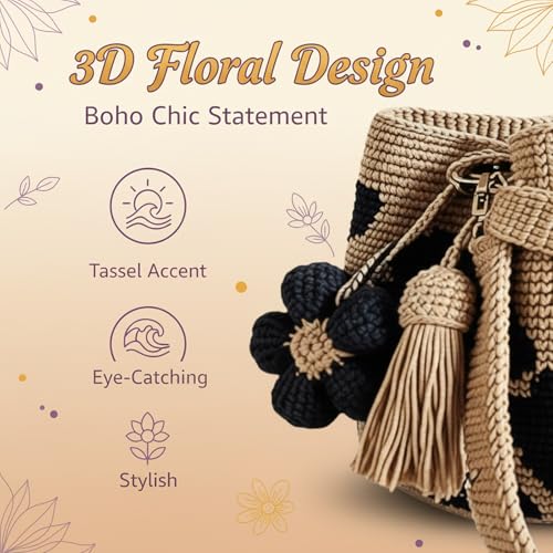 Bolso Tote Boho Floral de Crochet Beige para Mujer miniatura 5