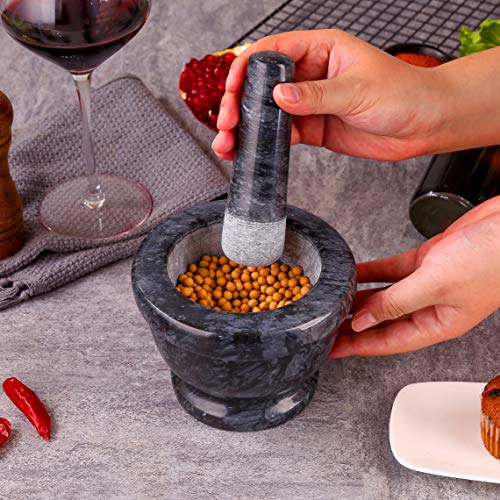 Mortar And Pestle Marble Set For Spices Pestos Seasonings Pastes Guacamole Herb Bowl 2Cup Easy To Clean Included:silicone Mat,Brush,Stainless Steel Spoon (Large Trophy,Black Gray) #TOP4