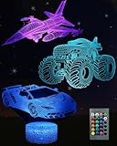 Kenmaca Car Monster Truck Plane Night Light for Boys Bedroom, 3D Illusion Lamp 3 Patterns 16 Colors Changing Dimmable Room Decor, Touch & Remote Control, Christmas Birthday Toy Gift Toddler Kid Teen