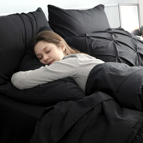 Image of Bedsure Oversized Queen Comforter Set Black - Bed in a Bag Bedding Set 7 Pieces, GentleSoft Pintuck Bed Set Gift for Family, All Season Down Alternative Comforter with Sheets, Pillowcases & Shams
