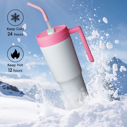 Image of Konokyo 12 Pack 40 Oz Tumblers with Handle and Straw, Bulk Vacuum Insulated Stainless Steel Travel Mugs with Lids for Office, Events and Group Orders Pink Grey
