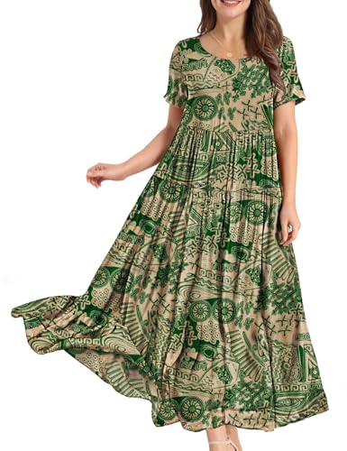 Image of YESNO Women Casual Loose Bohemian Floral Dress with Pockets Short Sleeve Long Maxi Summer Beach Swing Dress EJF