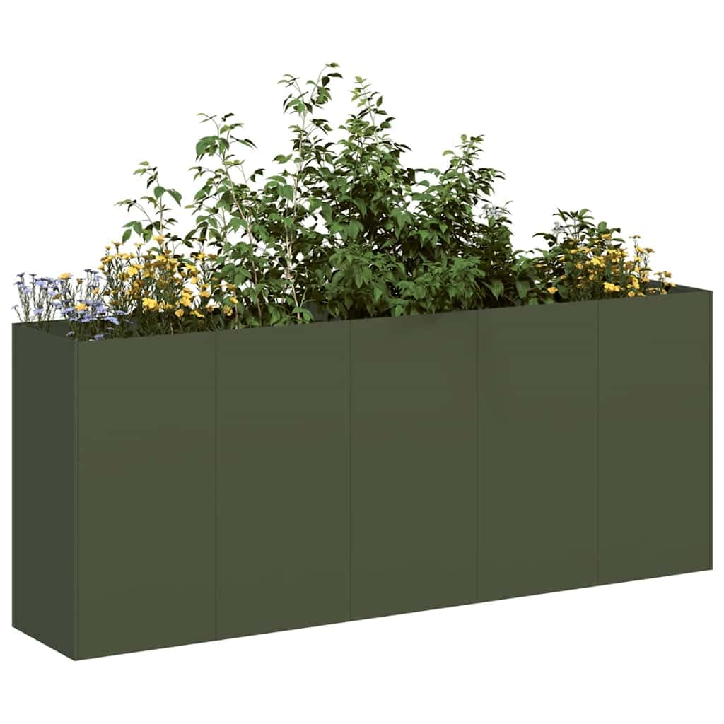 Bancal alto verde oliva 200 x 40 x 80 cm de acero laminado en frío, diseño moderno con suelo abierto para jardín, balcón o terraza, robusto y duradero