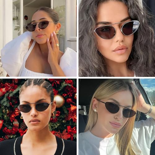 Fashion Retro Narrow Cat Eye Sunglasses for Women Trendy Fun Small Metal Frame Sunnies UV400 Protection Glasses3