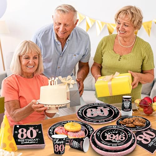 Image of 80th Birthday Decorations Rose Gold, Service for 30, Vintage 80th Birthday Party Supplies Includes Rose Gold 1946 Plates, Napkins,Cups, Plates and Napkins for Women