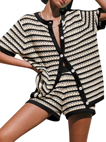 Image of Saodimallsu Womens Crochet Swimsuit Coverup Summer Beach Sets Striped Knit Short Sleeve Button Shirts 2 Piece Short Set