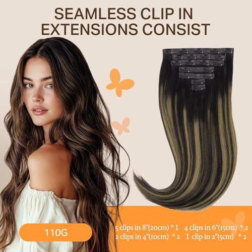 Image of DOORES Real Human Hair Extensions, Natural Black & Mixed Chestnut Brown, 110g, 7pcs, 14 Inch, Seamless Clip In, Straight, Invisi Edge