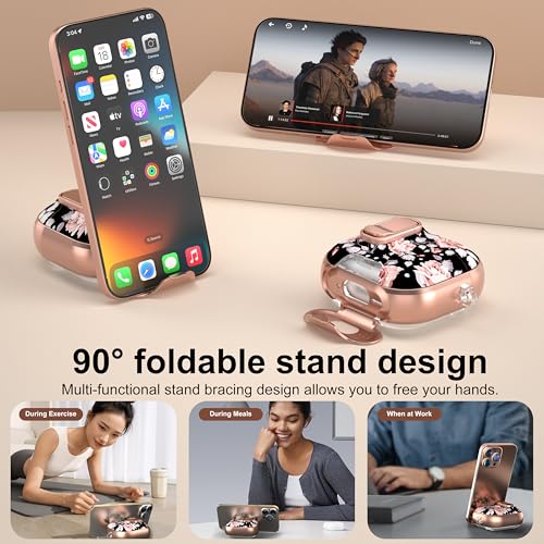 Image of for Apple AirPods 4 Case 2025 with Safety Lock & Foldable Phone Stand, Rose | Double Drop Protection,Two-Piece Design, Airpod 4 Case with Keychain & Cleaner Kit, Support Wireless Charging, Shockproof