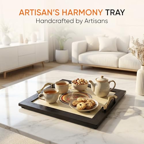 Image of Aakriti Art Creations Artisan's Harmony Handcrafted Tray, Serving Platter Beige | Madhubani Art with Matte Finish, Handcrafted Metal & Wood | Tray for Kitchen Decor & House Warming Gifts