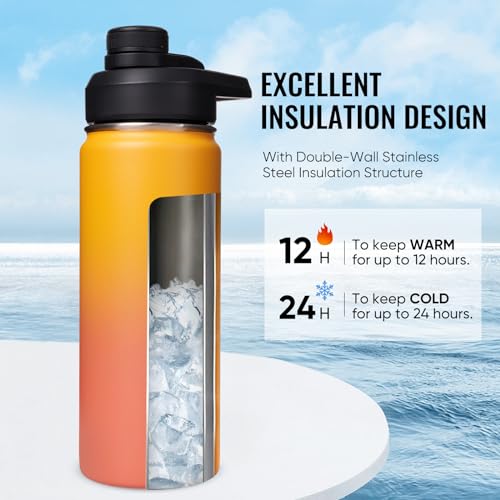Image of Fijinhom Insulated Water Bottle with Handle, 304 Stainless Steel Water Bottles with Wide Mouth, Double Wall Vacuum Sports Water Bottle, BPA Free, Keep Cold and Hot, 18 Ounces, Yellow&Orange