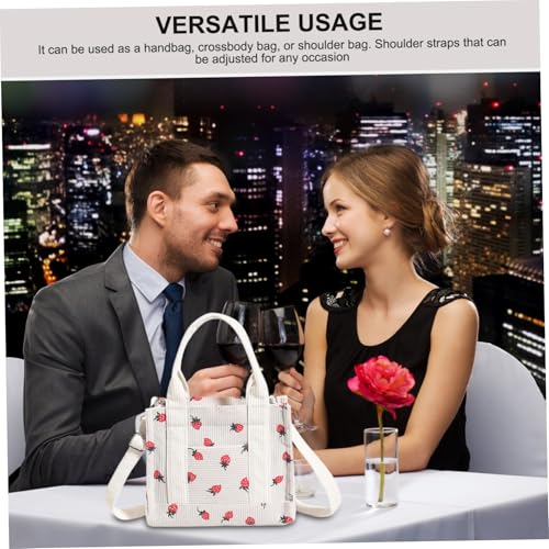 Bolso tote de pana de 8,27 x 7 pulgadas, bolso pequeño con diseño de fresa, con correa ajustable para hombro, bolso cruzado con cremallera para mujer miniatura 3