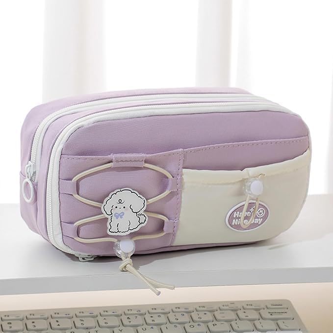 Image of Purple Dog Pencil Pouch for Girls, Large Capacity Multi-Compartment | Cute puppy design with front pocket and pin. Multiple compartments organize pens, pencils and school supplies.