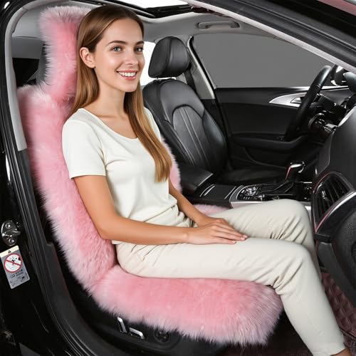 Image of 2 Pack Pink Fluffy Sheepskin Car Seat Covers for Soft Auto Fur Pet Cushion
