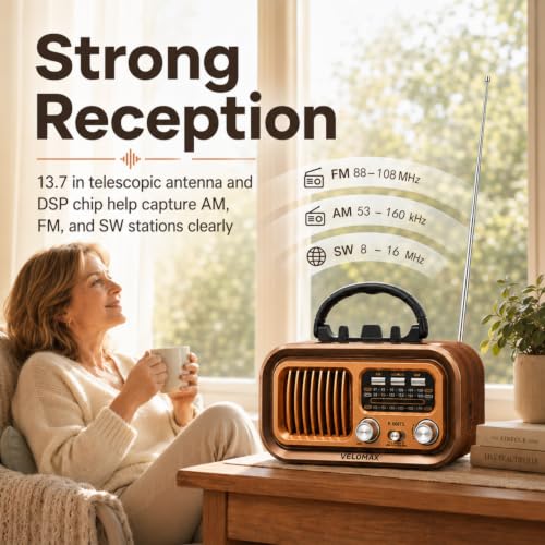 Image of VELOMAX Radio FM for Home with Speaker, FM Radio with Bluetooth 5.0, AM /FM /SW Portable Retro Radio with Solar Panel, USB-C Charging, Rechargeable Battery, USB & TF Card Playback