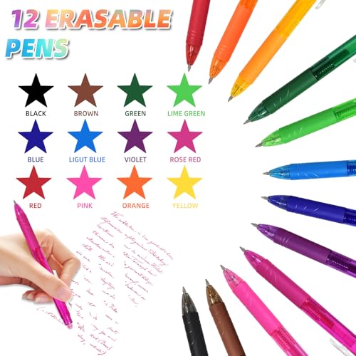 Rwbimti Buntes Kugelschreiber-Set, 12 Farben radierbarer Tintenroller mit Radiergummi (0,5 mm). Perfekt für Büro, Schule und korrigierbare Notizen.