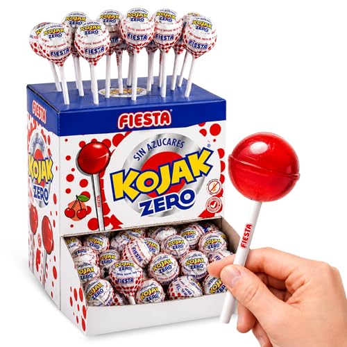 Caramelo con Palo sabor cereza SIN Azucar, Caramelo NO relleno de Chicle Kojak, Apto para veganos, sin gluten, sin huevo y sin lactosa es completamente apto para celíacos, 1 caja de 70 unidades