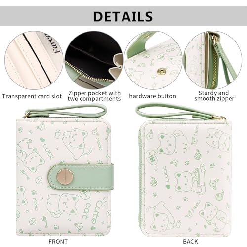 Image of Farcauo Cat Pattern Wallet for Women and Ladies Small Cute Kawaii Green Coin Purse with ID Window and Credit Card Holder Compact Wallet for Women and Ladies