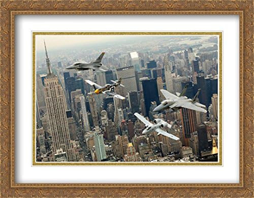 P-51 Mustang Flying of New York City 2x Matted 36x28 Large Gold Ornate Framed Art Print by The Cityscape Art Print Series