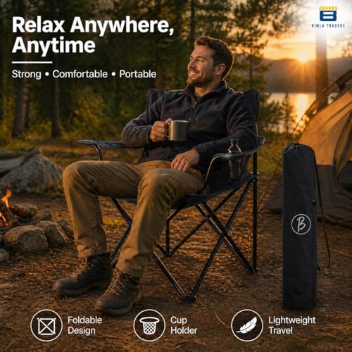 Image of BTAG Foldable Camping Chair with Armrest & Cup Holder, Portable Outdoor Chair with Carry Bag for Camping, Picnic, Fishing & Travel - Black