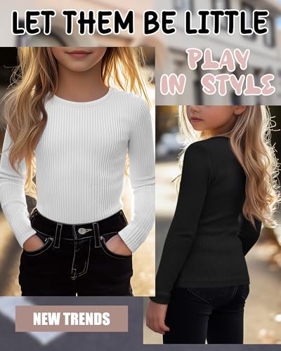 Image of 4 Pack Girls Long Sleeve Shirts Ribbed Knit Cotton Crewneck Tops Slim Fit Soft Casual Kids Base Layer Undershirts