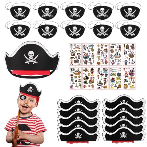 TaoLiMuTX Lot de 30 décorations d'anniversaire pour enfants - Noir avec éléments multicolores - Costume de dessin animé - Chapeau de pirate - Cache-yeux - Tatouages