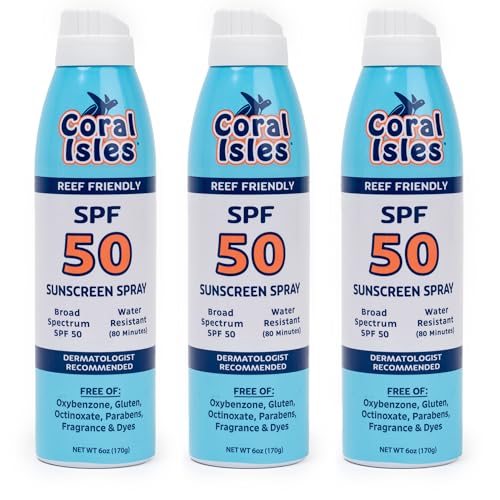 Coral Isles Sunscreen Spray SPF 50 - Hawaii Compliant - Oxybenzone & Octinoxate Free - Broad Spectrum - Water Resistant, 6 Fl Oz (Pack of 3)