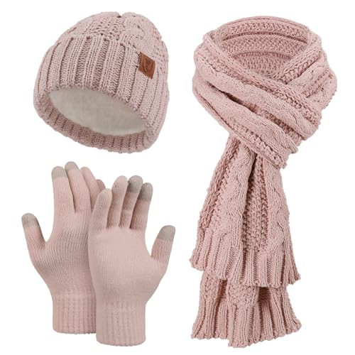 OZERO Scarf and Gloves Set for Women: Warm Knit Touchscreen Glove Slouchy Polar Fleece Lined Beanie Hat Scarf