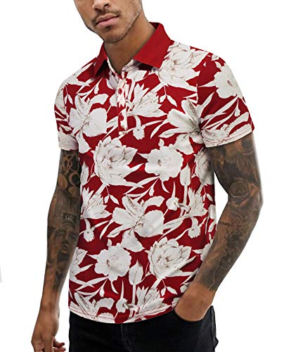 URRU Men's Short Sleeve Polo Shirt Slim Fit Casual Striped T Shirt Wine Red M